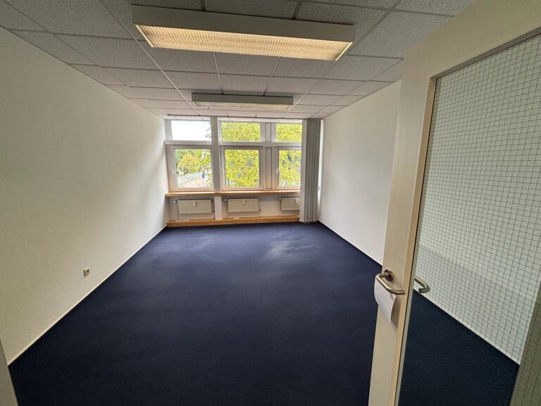 Leerer Büroraum mit dunkelblauem Teppich, weißen Wänden, Deckenlampen und großen Fenstern.